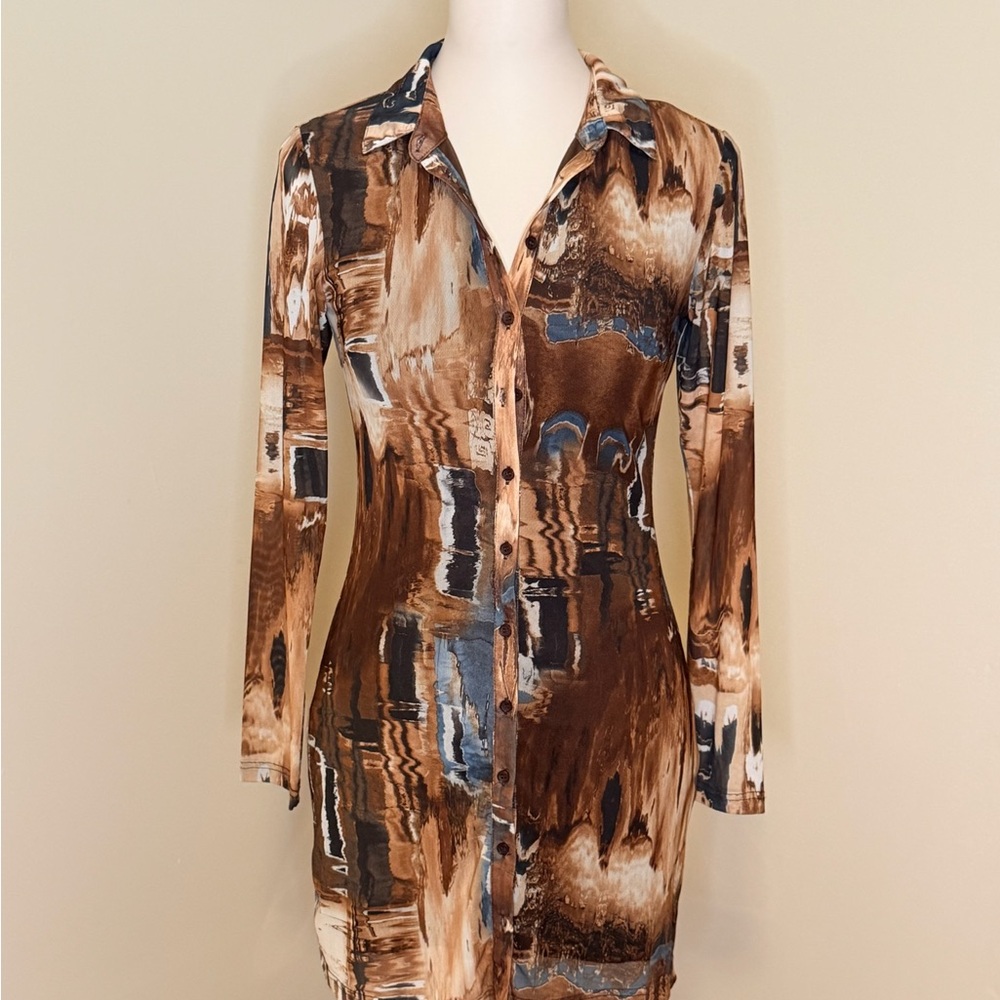 12th Tribe Brown Abstract Mesh Long Sleeve Mini Dress Shirt Dress Size S